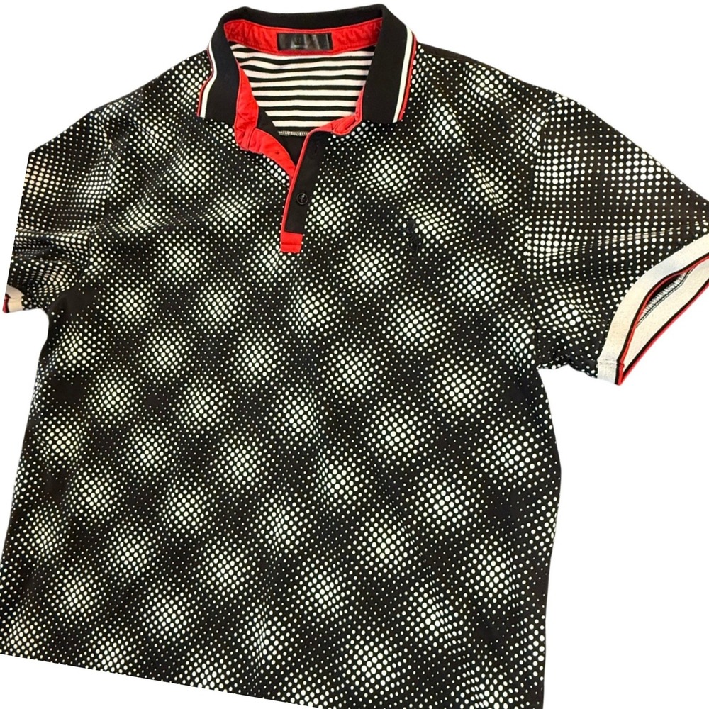 Rivelli Mens‎ Polo Shirt Black White Polka Dot Geometric Short Sleeve Large L